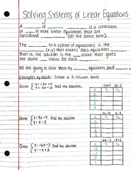 Preview of Solving Systems of Linear Equations Guided Notes