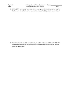 Preview of Solving Systems of Linear Equations Word Problem Worksheet