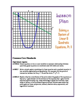 Preview of Solving Systems of Linear & Quadratic Equations Lesson Plans - Two Lesson Plans