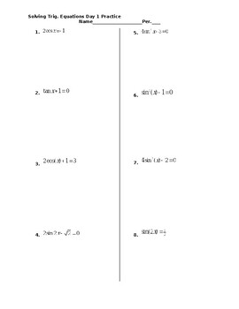 Preview of Solving Trigonometric Equations Worksheet