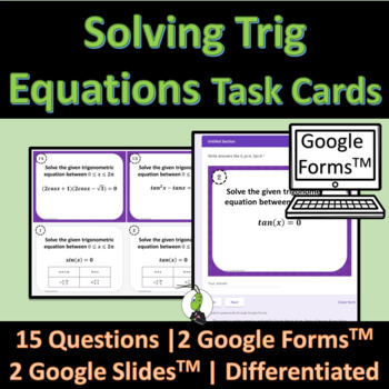 Preview of Solving Trigonometry Equations Printable Task Cards | Google Forms | Slides