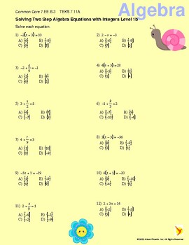 Preview of Solving Two Step Algebra Equations with Integers Level 1b 7.EE.B.3 7.11A