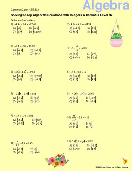 Preview of Solving Two Step Algebra Equations with Integers and Decimals Level 1b 7.EE.B.3
