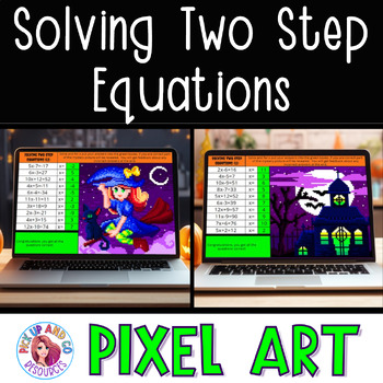 Preview of Solving Two Step Equations Halloween Math Pixel Art | Google Sheets