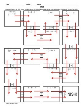 Solving Two-Step Equations - Middle School Math Maze by Amy Harrison