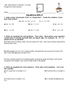 Solving Two Step Equations- Mid Unit Quiz. Unit 6 Pearson's Math Makes  Sense 7.