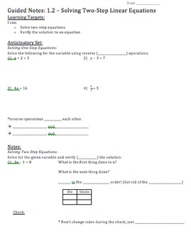 Preview of Solving Two-Step Equations - Notes