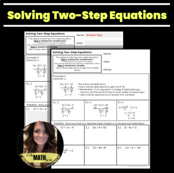 Preview of Solving Two-Step Equations | Notes | Examples | Practice | 7.EE.1 | 6.EE.5