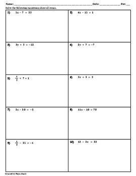 Solving Two-Step Equations Practice Worksheet by Maya Khalil | TpT