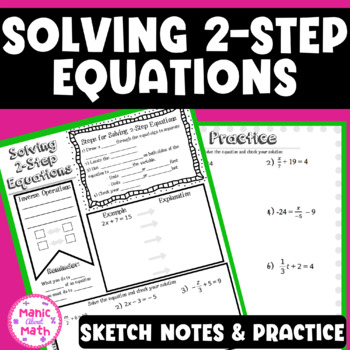 Preview of Solving Two Step Equations Sketch Notes and Practice