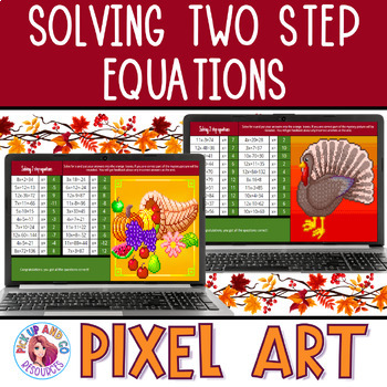 Preview of Solving Two Step Equations Thanksgiving Fall Math Pixel Art Activity