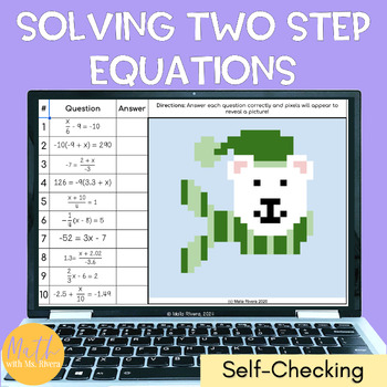 Preview of Solving Two Step Equations Winter Pixel Art Digital Self Checking for 7th Grade