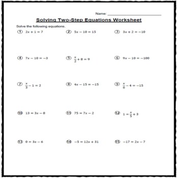 Solving Two-Step Equations Worksheet (30 Questions) by Math Worksheets