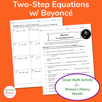 Preview of Solving Two Step Equations Worksheet Beyoncé (Women's History Month)