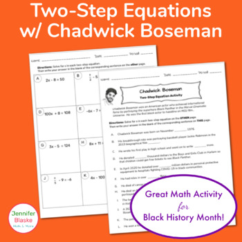 Preview of Solving Two Step Equations Worksheet Chadwick Boseman (Black History Month)