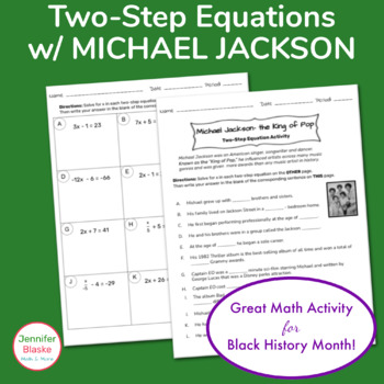 Preview of Solving Two Step Equations Worksheet Michael Jackson(Black History Month)