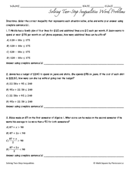 solving two step inequalities word problems worksheet