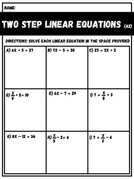 Preview of Solving Two Step Linear Equations Worksheet