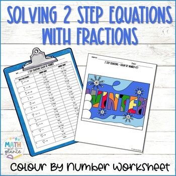 Preview of Solving Two step Equations with Fractions Winter Math Color by Number Activity