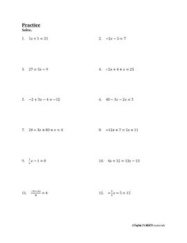 Solving a Linear Equation Worksheet by Taylor J's Math Materials