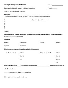 Solving by Completing the Square Guided Notes Lesson 1 by Ariah Amini