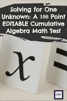 Preview of Solving for One Unknown: A 100 Point EDITABLE Cumulative Algebra Math Test