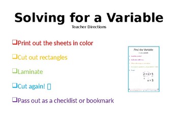 Preview of Solving for a Variable Bookmark