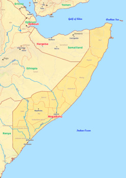 Preview of Somalia map with cities township counties rivers roads labeled