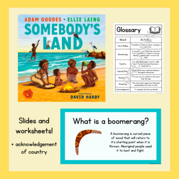 Preview of Somebody's Land Read Aloud slideshow, worksheets and acknowledgement of country