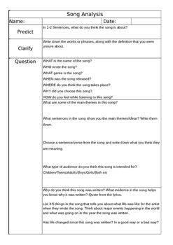 Preview of Song Analysis Worksheet