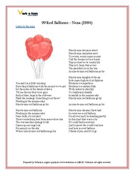 Preview of Song Analysis Worksheet: 99 Red Balloons - Nena