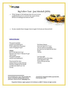 Preview of Song Analysis Worksheet: Big Yellow Taxi by Joni Mitchell