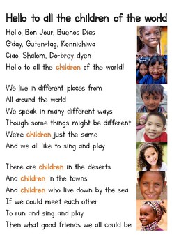 Preview of Song Chart for 'Hello to All the Children of the World'