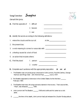 Song: IMAGINE - John Lennon - English ESL Worksheets for distance learning  and physical classrooms