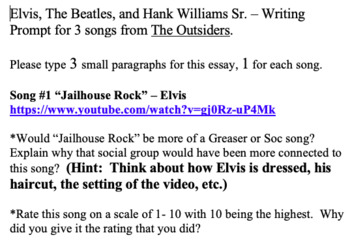 Preview of Writing Prompt for The Outsiders featuring Elvis and the Beatles