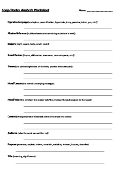 Preview of Song & Poetry Analysis Worksheet
