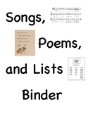 Songs Poems Lists Binder Cover Sheet