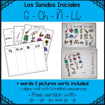 Preview of Beginning Sounds Picture & Word Sort Printable Worksheets in Spanish-G,Ch,N,V,Ll