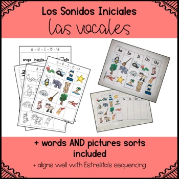 Preview of Beginning Sounds Picture and Word Sort Printable Worksheets in Spanish - Vowels