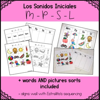 Preview of Beginning Sounds Picture and Word Sort Printable Worksheets in Spanish - M,P,S,L