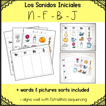 Preview of Beginning Sounds Picture and Word Sort Printable Worksheets in Spanish - N,F,B,J