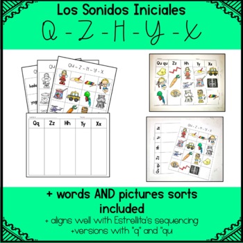 Preview of Beginning Sounds Picture and Word Sort Printable Worksheets in Spanish-Q,Z,H,Y,X