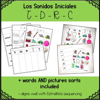 Preview of Beginning Sounds Picture and Word Sort Printable Worksheets in Spanish - T,D,R,C