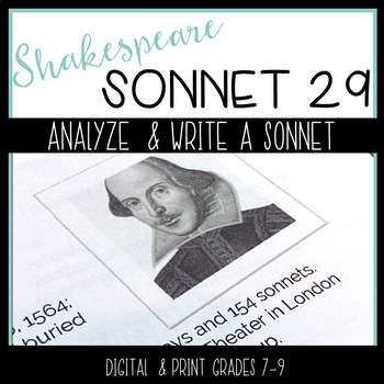 Preview of Shakespeare's Sonnet 29 Literary Analysis Creative Writing Poetry Activities