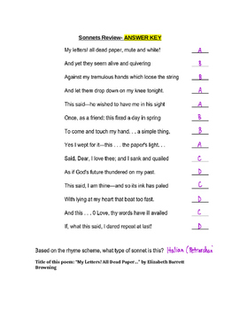 sonnet sonnets worksheet original types answer key poem