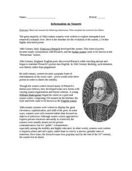 Preview of Sonnets Worksheet, Sonnets Quiz, and Answer Key