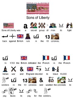 Preview of Sons of Liberty - picture supported text lesson facts review questions visuals