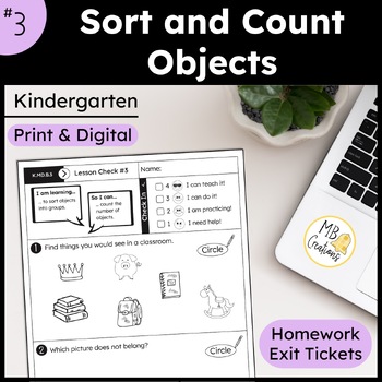 Preview of Sorting and Counting Objects Worksheet L3 Kindergarten iReady Math Exit Tickets