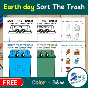 Preview of Sort The Trash Activity for Earth Day | Cut and Paste, Coloring Version included