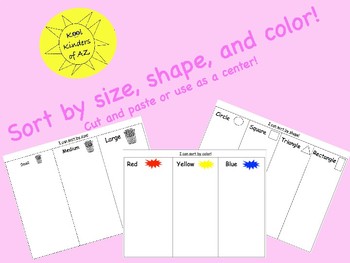 Preview of Sort by size, shape, and color. Cut and paste or center!